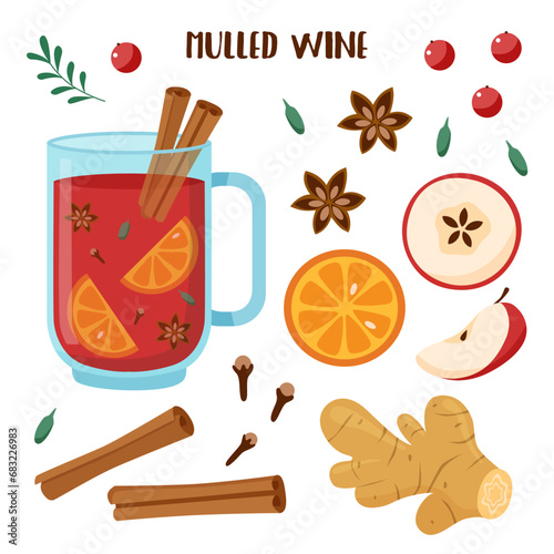 Mug of mulled wine with oranges, apples, ginger, anise, cardamon and cinnamon sticks. Mulled wine ingredients.
