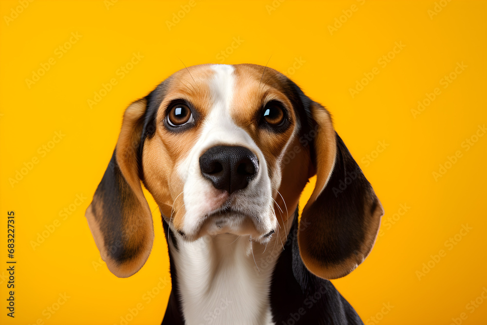 A bright-looking Beagle dog with a strong body is isolated on a yellow background. Ai generate.