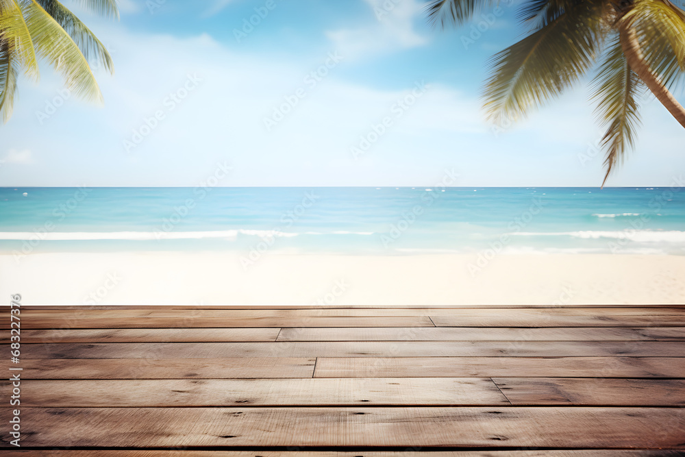 Wooden tables for displaying products against a bright blue beach background. Ai generate.