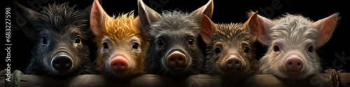 Diverse and Curious Pigs Standing Against a Black Backdrop photo