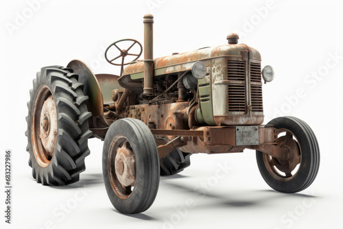 Very old rusty green tractor isolated on white background