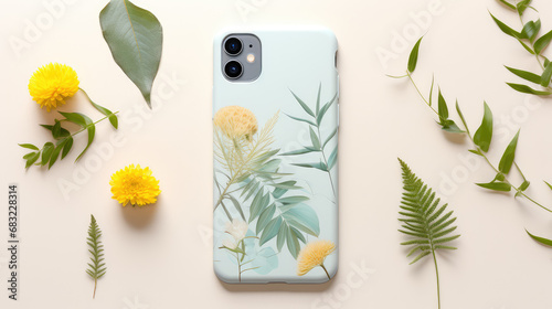 Creative stylish protective bumper template for smartphone with tropic pattern. Design mockup smartphone case, back side. photo