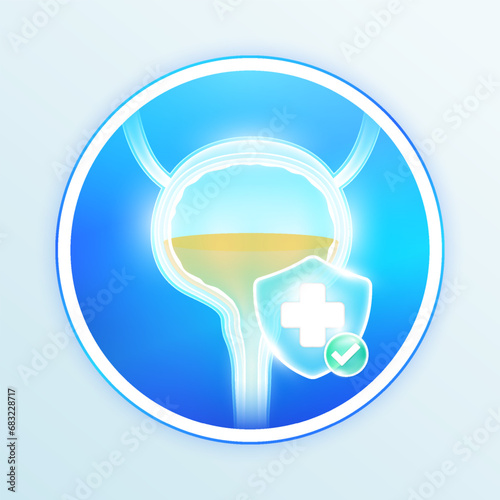 Health care bladder human internal organs. Medical symbol cross in blue shield and check mark in green button. Labels for design food and pharmaceutical business products. Vector EPS10.