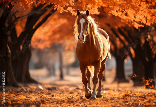 alone brown horse in colorful autumn park