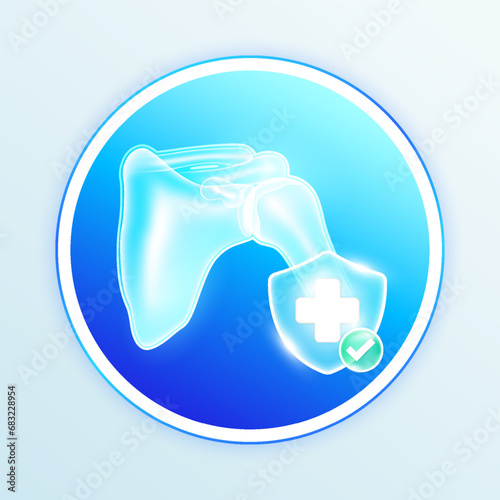 Health care shoulder bone human internal organs. Medical symbol cross in blue shield and check mark in green button. Labels for design food and pharmaceutical business products. Vector EPS10.