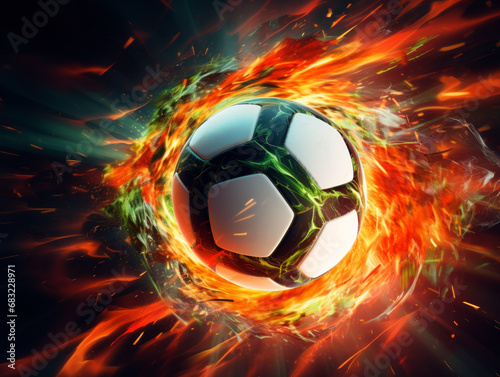 A football is encapsulated in a powerful explosion of fire and energy.