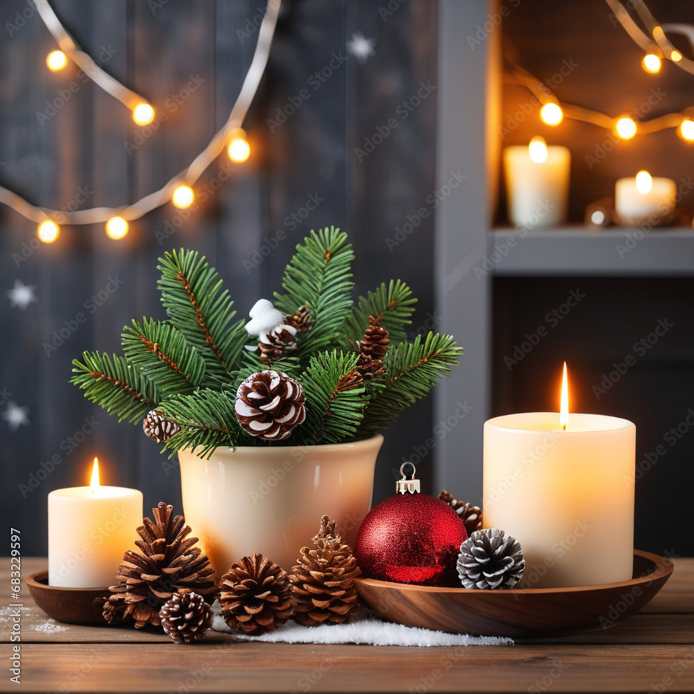 still life with home Christmas decor in the living room on a wooden table, the concept of celebration and home comfort on bokeh background still life with home Christmas decor in the living room on a wooden table, the concept of celebration and home comfort on bokeh background
