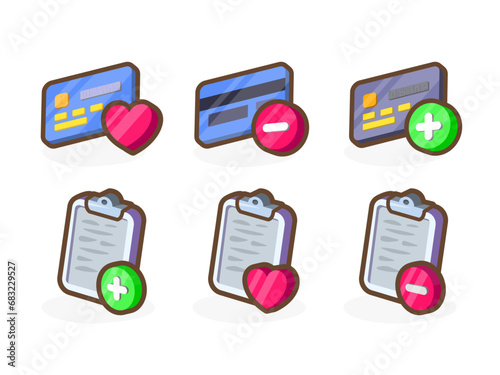 Favorite credit cards and checklists icons for your app. Bright remarkable UI elements. Credit card, favorites, checklist and others. Nice vector UI illustration for your business.