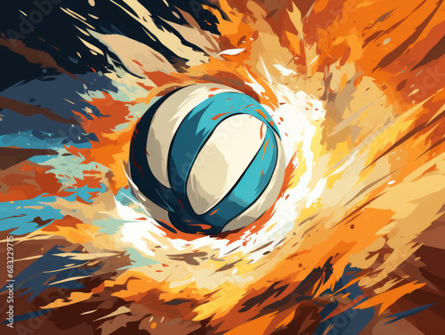 A volleyball in motion, surrounded by an abstract splash of cool and warm hues.