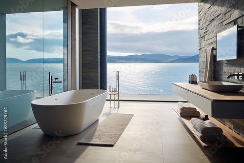 a spacious  minimalist bathroom with a large bay window that frames a spectacular view of the ocean
