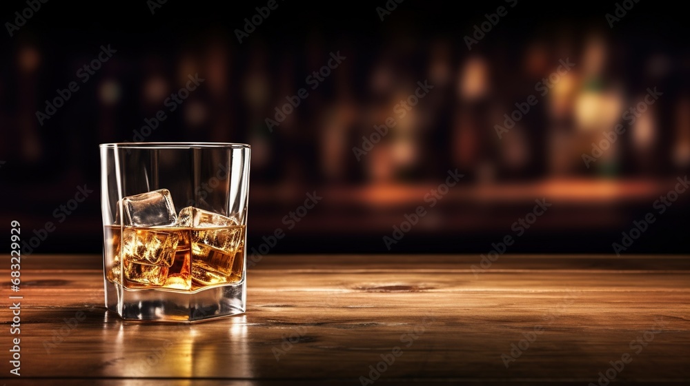 Whiskey with ice on a wooden table in vintage liquor store counter with copy space is empty with AI