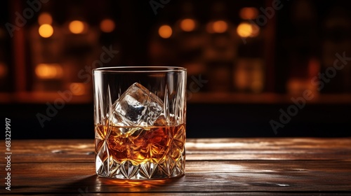 Whiskey with ice on a wooden table in vintage liquor store counter with copy space is empty with AI