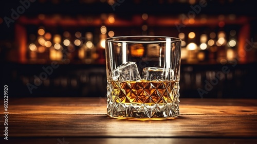 Whiskey with ice on a wooden table in vintage liquor store counter with copy space is empty with AI photo