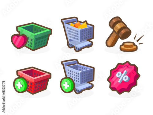 Shopping cart icons for your app. Bright remarkable UI elements. Shopping carts, online store, auction, promotions and others. Nice vector UI illustration for your business.