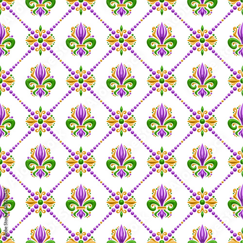 Vector Fleur de Lis Seamless Pattern, repeating background with illustrations of lattice pattern and green fleur de lis in rhombus cells, square poster with french purple ornament on white background