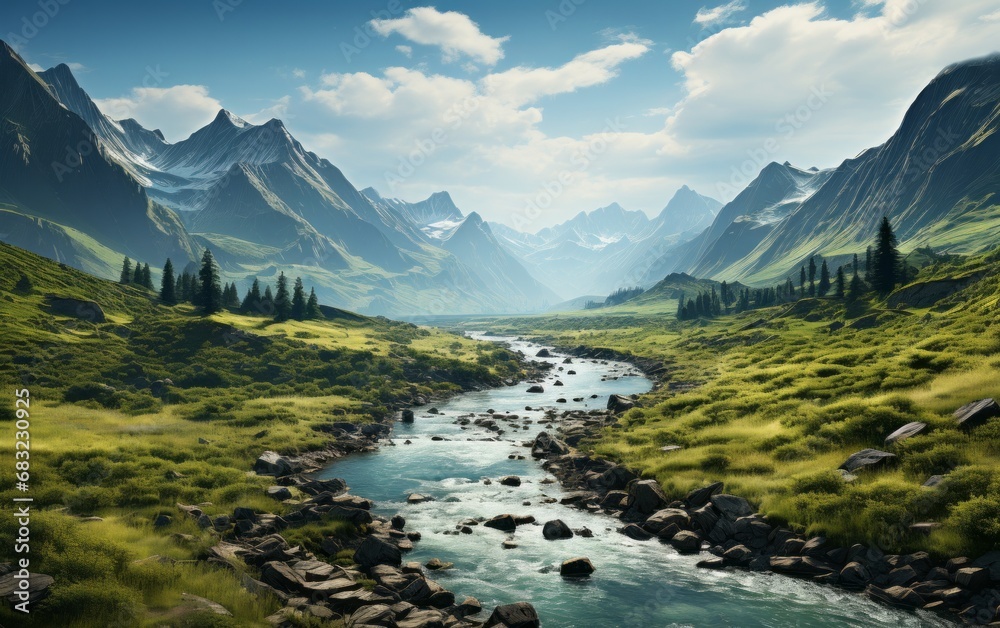Nature's Serenity: A Tranquil Landscape of Green Fields, Mountains, and Rivers