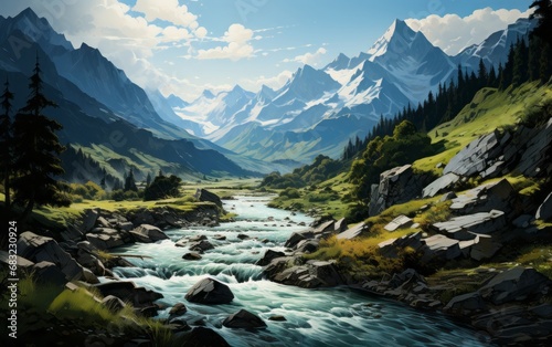 Nature's Serenity: A Tranquil Landscape of Green Fields, Mountains, and Rivers