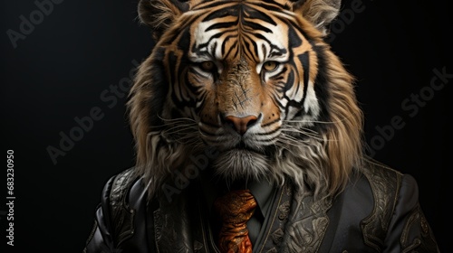 Regal Elegance  Tiger Portrait in a Classic Suit on a Black Background