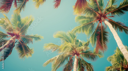 Blue sky and palm trees view from below, vintage style, tropical beach and summer background, travel concept © Planetz
