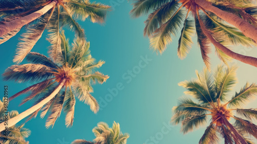 Blue sky and palm trees view from below, vintage style, tropical beach and summer background, travel concept