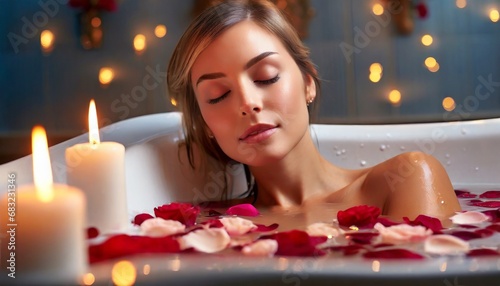 Woman taking a bath with rose petals. A bathtub surrounded by burning candles. Theme of relaxation and home spa