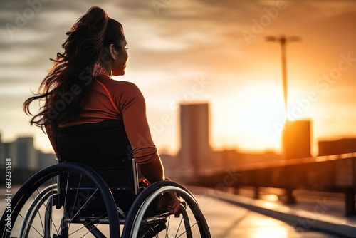 A woman in a wheel chair on the street. Young disabled woman in the city on a walk at sunset.