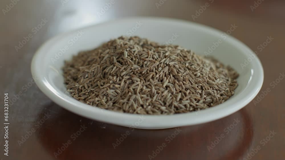 Brown crumbly spice cumin lies in a white deep plate. The product for preparing lunch, cumin, is at hand for the cook. Smooth departure and arrival at delicious aromatic cumin. Brown crumbly spice cumin lies in a white deep plate. The product for preparing lunch, cumin, is at hand for the cook. Smooth departure and arrival at delicious aromatic cumin.