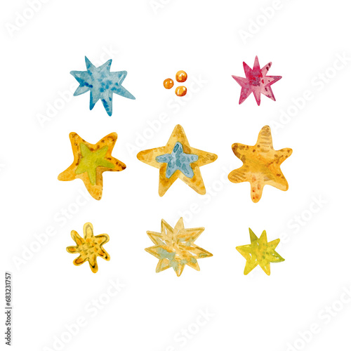 Multi-colored decorative stars. Watercolor illustration on white background.