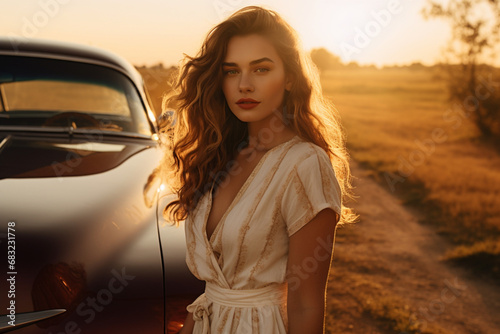 Golden Hour Elegance- Woman Leaning on a Vintage Car