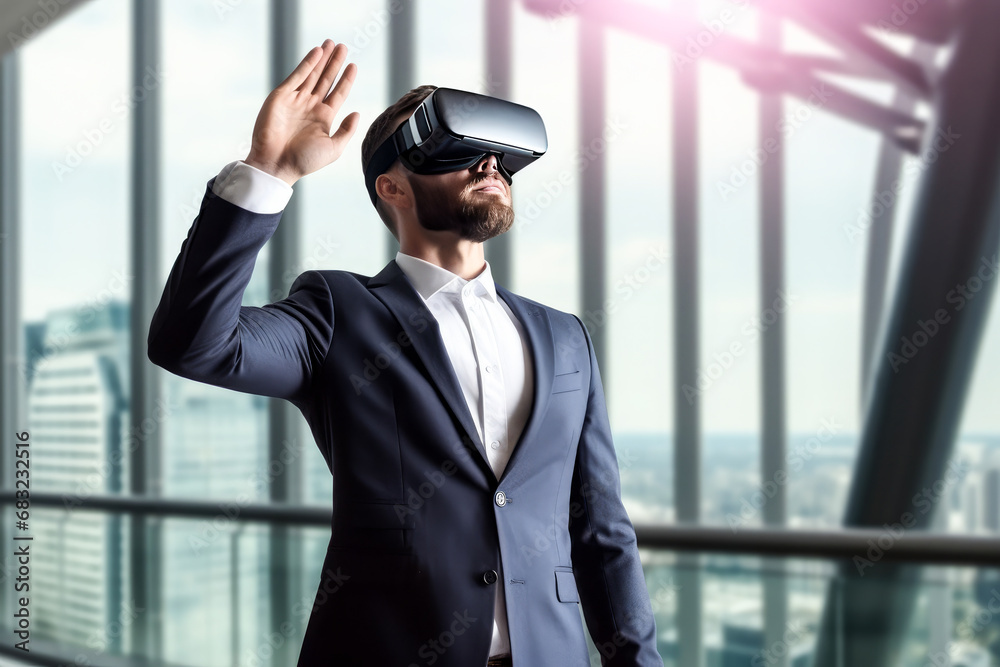 Businessman with virtual reality headset working in the office. Modern AI technologies in business. Businessman with virtual reality headset working in the office. Modern AI technologies in business.