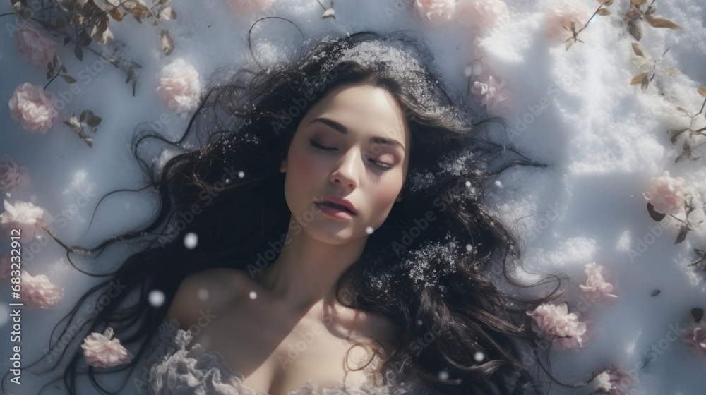 A woman laying in the snow with her eyes closed
