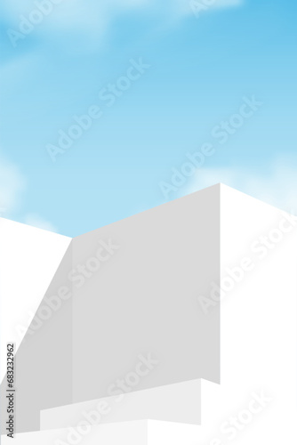 Background White Podium Platform over Sky and Cloud for Cosmetic Product Present,Vector 3d Grey Display Step Showcase with Summer Blue Sky,Minimal Backdrop Scene Architecture Mockup