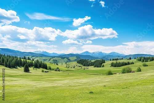 Beautiful landscape with green meadows and blue sky with clouds.