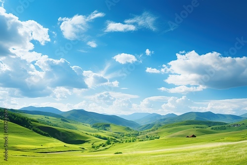 Beautiful landscape with green meadows and blue sky with clouds.