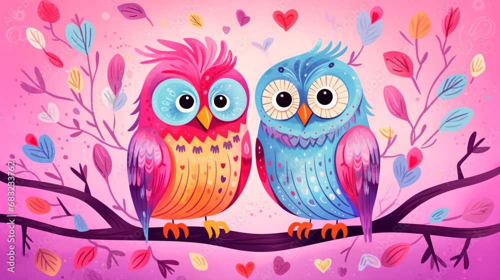 Valentine's day greeting card with two owls in love. 