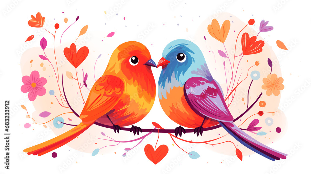 Valentine's day greeting card with birds and flowers.