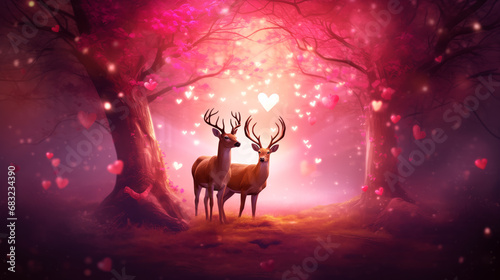 Deer in the forest with heart bokeh background.