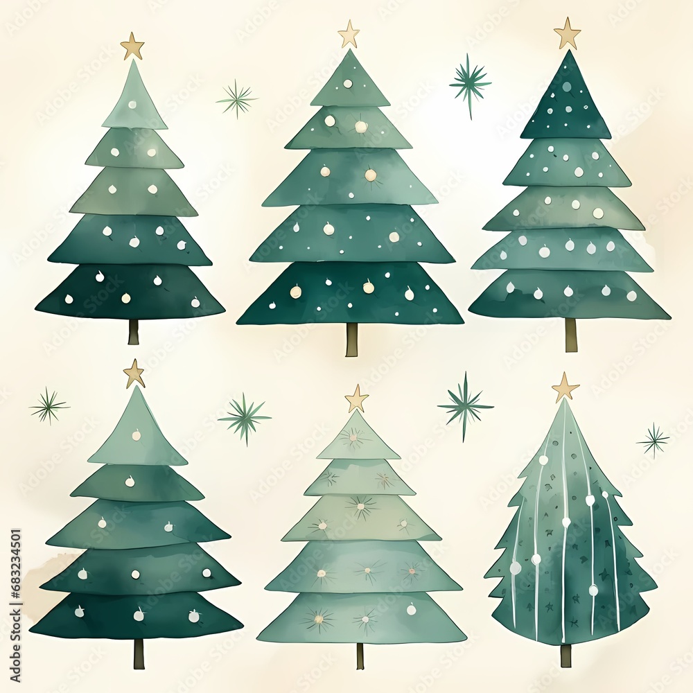 Watercolor of Christmas tree Various designs with stars on top