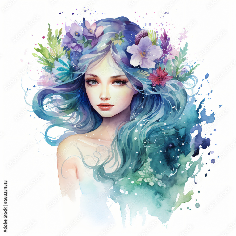 Watercolor Mermaid isolated on white background