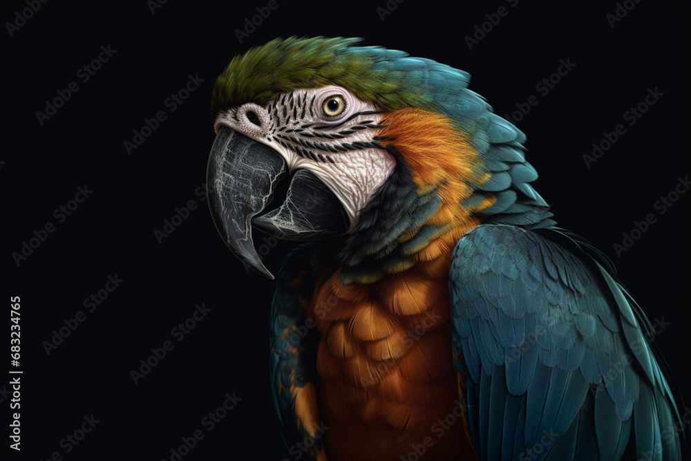 Beautiful macaw parrot on black background, close-up
