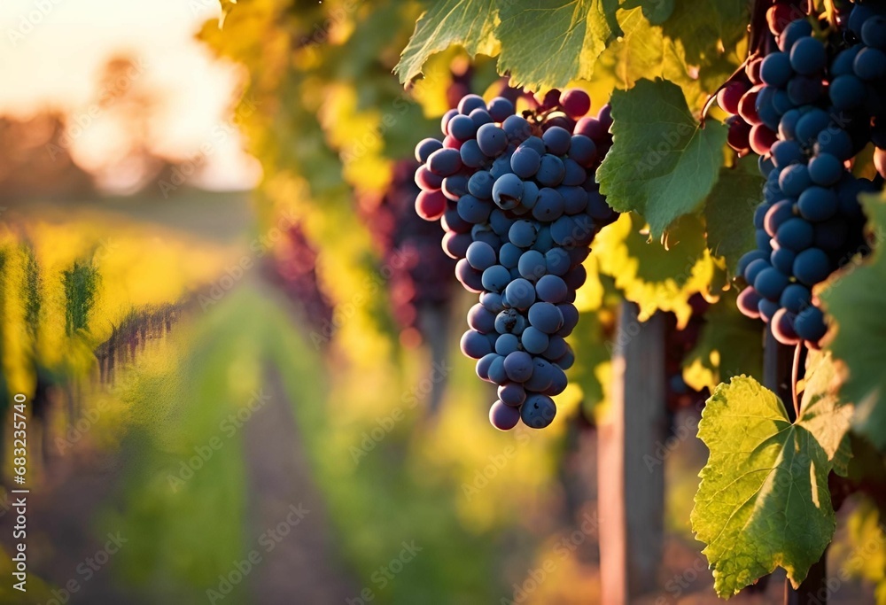 Fototapeta premium AI generated illustration of a bunch of ripe grapes at a vineyard at golden hour