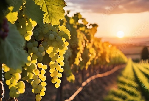 AI generated illustration of a bunch of ripe grapes at a vineyard at golden hour