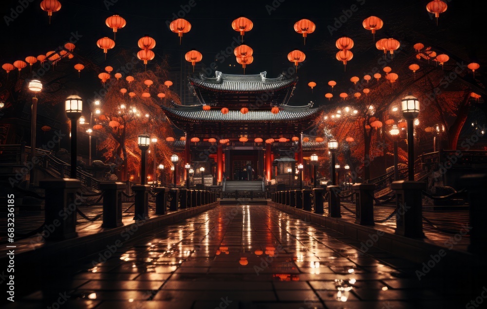 Majestic Chinese Temple: Red Lanterns Illuminate the Interior in Traditional Festive Display