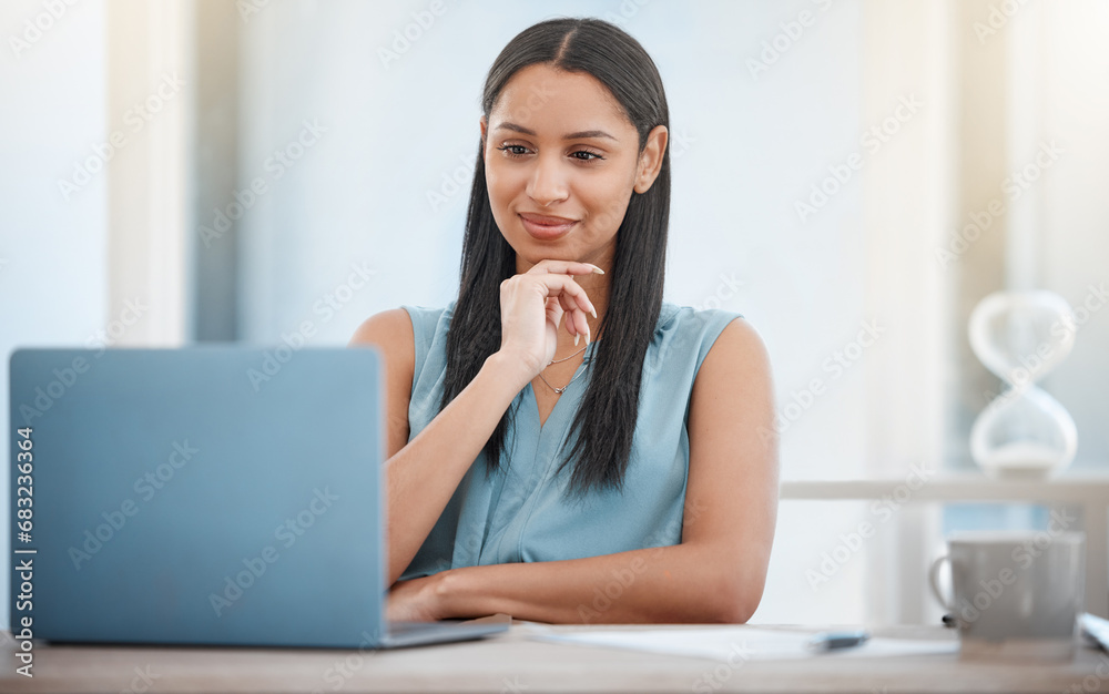 Business, thinking and woman with a laptop, solution and connection with internet, website info and planning. Office, person or employee with pc, worker and professional with tech, decision or choice Business, thinking and woman with a laptop, solution and connection with internet, website info and planning. Office, person or employee with pc, worker and professional with tech, decision or choice