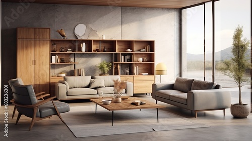 Modern living room with grey sofa, textured wall, shelf and table. Created with Ai