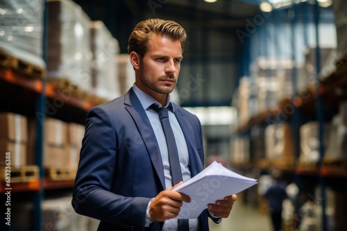 Business Operations Oversight: Man in a Warehouse Holding a Document and Looks at Operations
