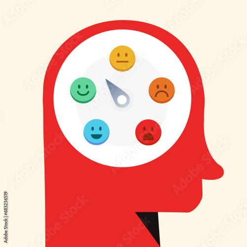 Human head with emotion face-concept illustration flat color style for psyhology book, bussines metaphor, poster, flyer, booklet. Vector 10 eps