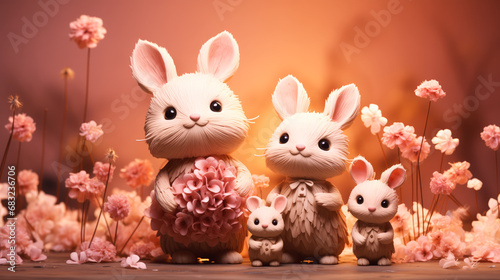Easter bunny decoration with flowers on wooden background. Happy Easter concept. © Narin