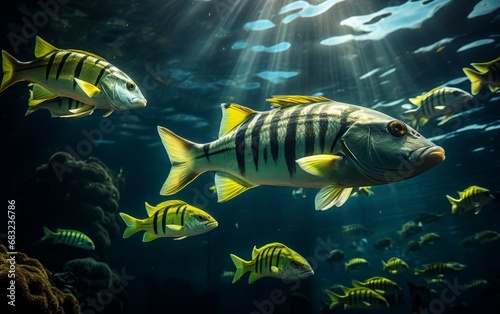Underwater Ballet: School of Fishes a Few Meters Below the Surface