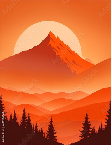 Misty mountains at sunset in orange tone  vertical composition 